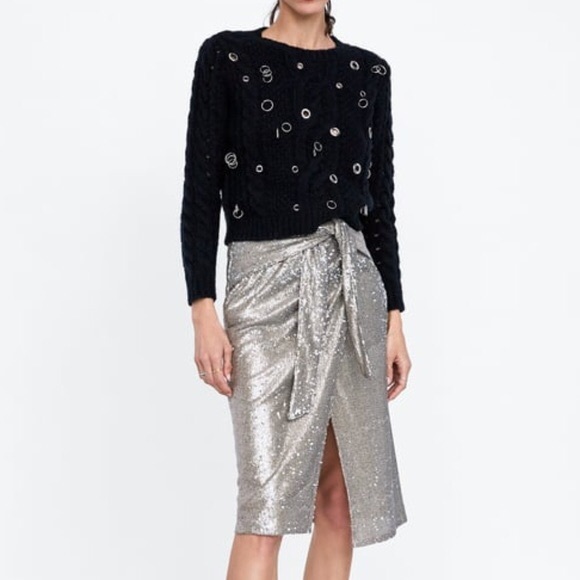 Zara Sequin  Wrap Knot Skirt Silver Size S… - Picture 2 of 10